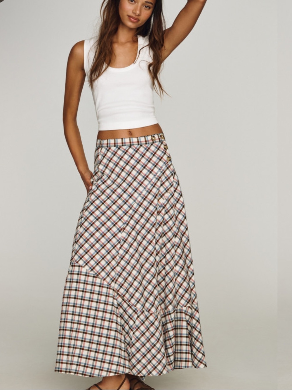 BY ANTHROPOLOGIE SEAMED PLAID WRAP MAXI SKIRT Folk Plaid Dusty Blue
